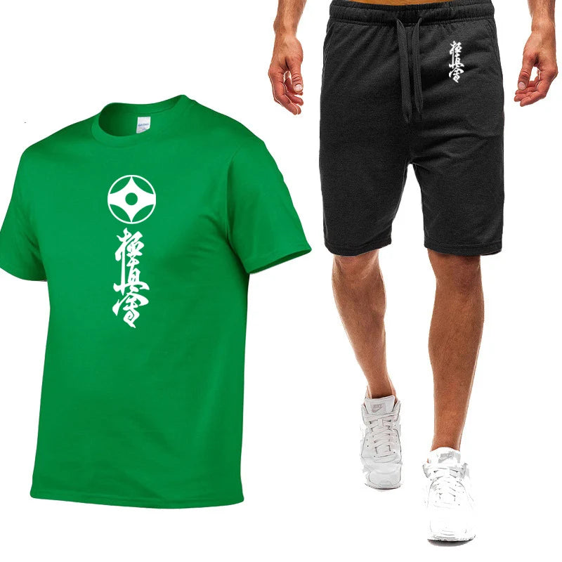 2025 Summer Man's Kyokushin Karate Masutatsu Oyama Japan Logo Print Solid Color Round Neck T-shirt+Breathable Short Pants Suits