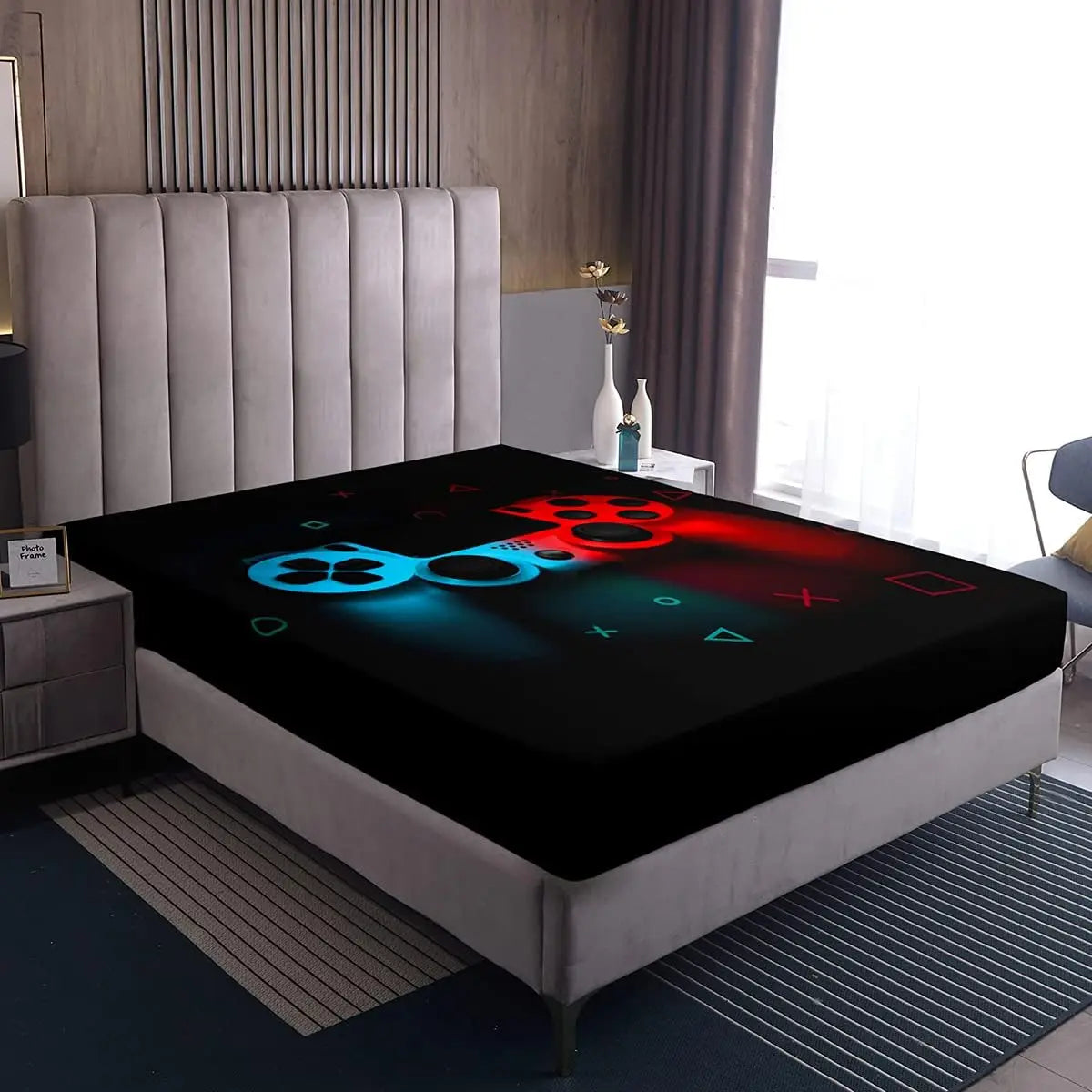 Gaming Bedding Sets For Boys Gamer Sheet Set Queen,Blue Red Gamepad Bed Sheet Sets Kid Men Video Games Fitted Sheet For Teen