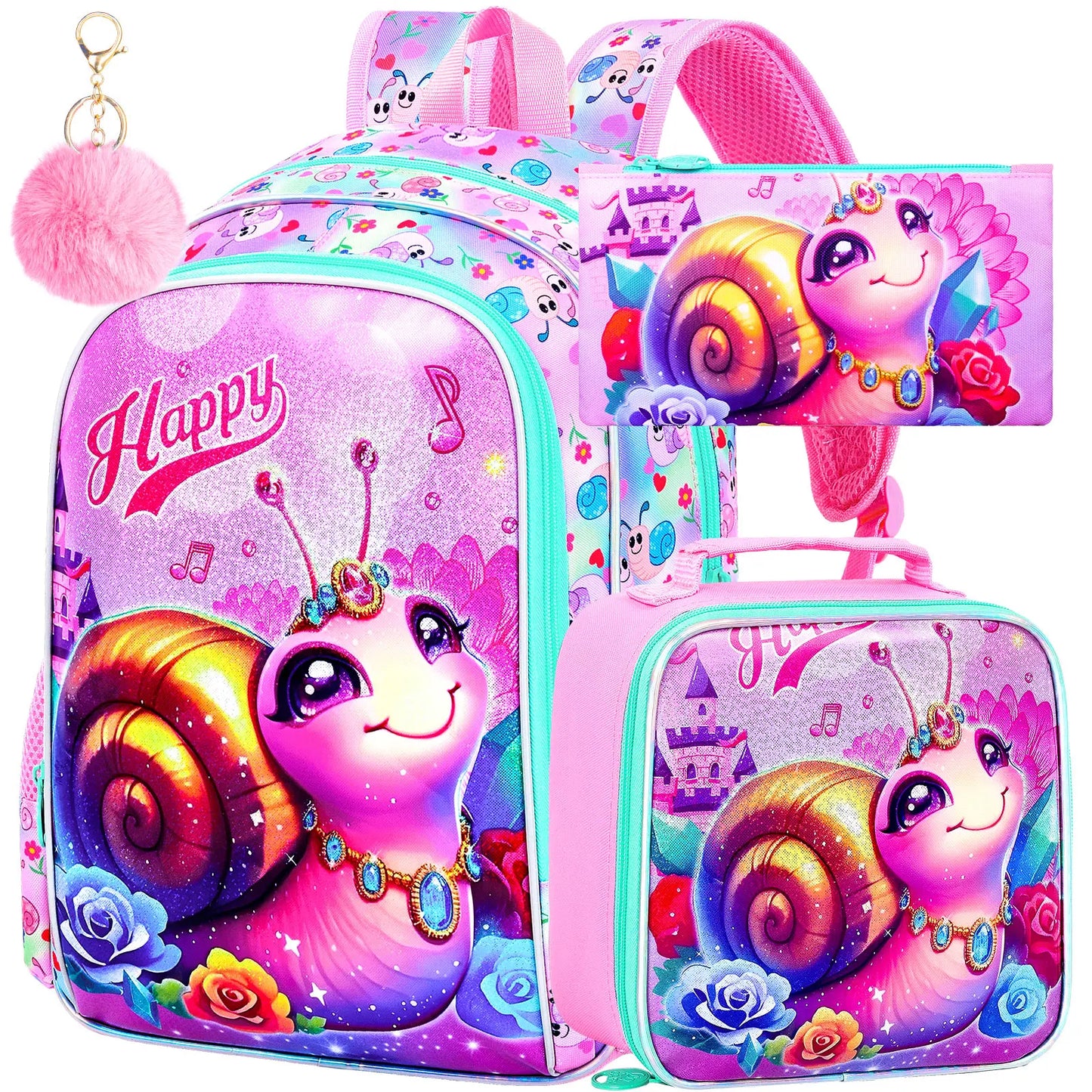 3Pcs Girls Backpack, 16" Kids Bookbag with Lunch Box，Rabbit School Backpacks for Elementary Preschool Kindergarten (Pink)