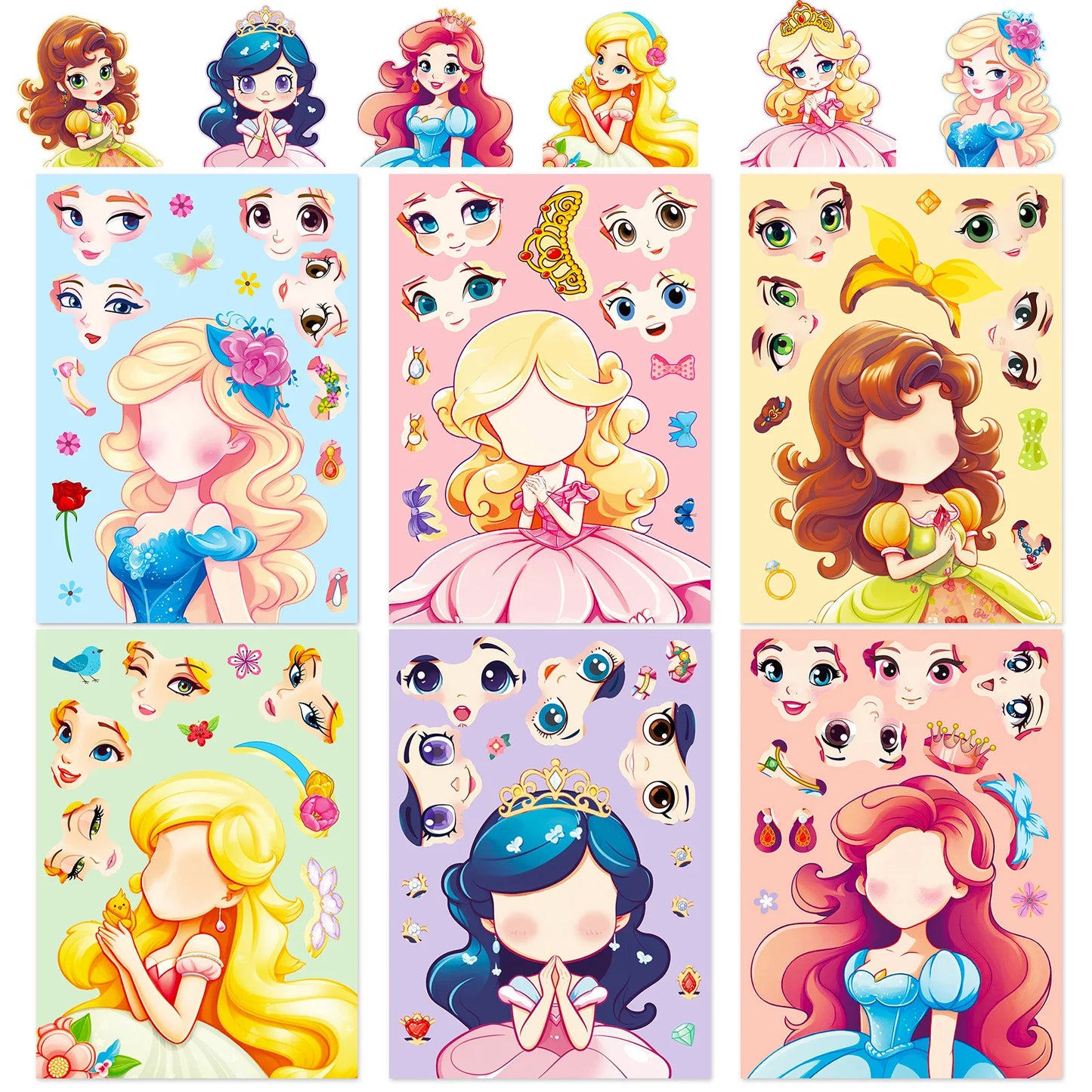 6-42Sheets Children DIY Puzzle Sticker Games 6 Princess Mermaid Make A Face Funny Assemble Jigsaw Stickers Kids Educational Toys