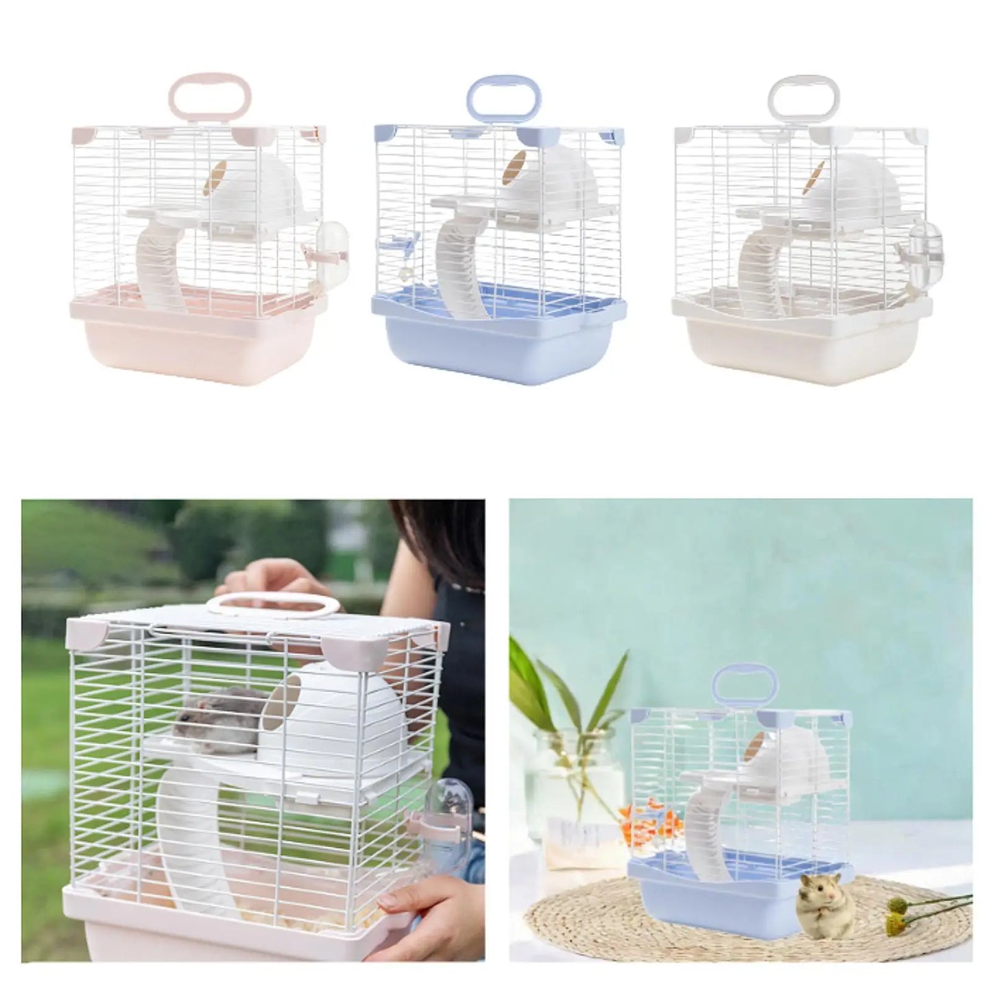 2 Layers Hamster Habitats Cage for Mouse Rat Detachable Bottom Tray Multipurpose with Water Bottle, Food Bowl Travel Cage