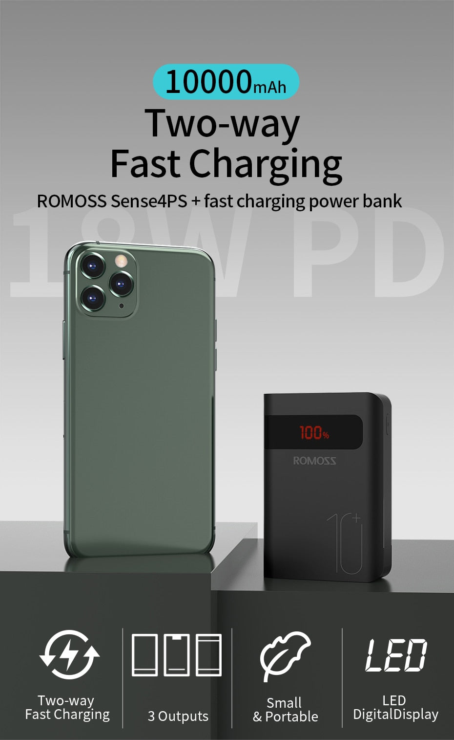 Sense4PS+ Power Bank 10000mAh Portable Charger LED External Battery PD 3.0 Fast Charging Powerbank for iPhone Xiaomi mi-1